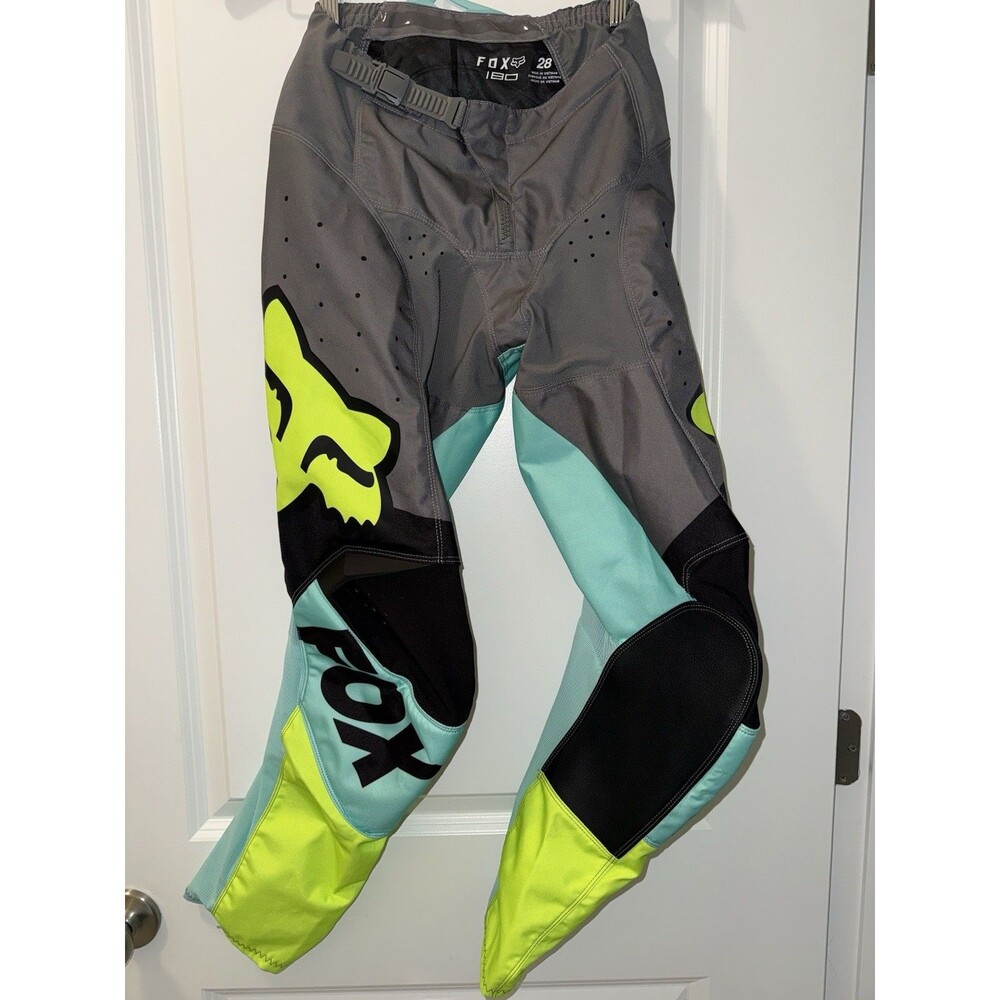 Fox Racing 180 Motocross Pants Mens 28 Gray Neon Yellow Aqua MX Dirt Bike Gear